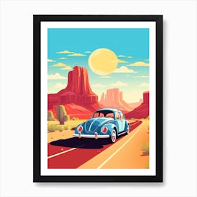 A Volkswagen Beetle Car In Route 66 Flat Illustration 4 Art Print