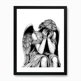 Weeping Angel Statue in Black and White Ink Art Print