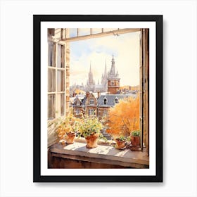 Window View Of Dublin Ireland In Autumn Fall, Watercolour 4 Art Print