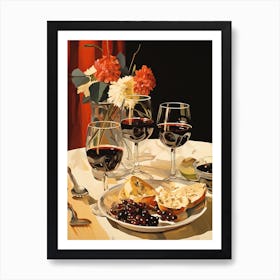 Atutumn Dinner Table With Cheese, Wine And Flowers, Painting Art Print