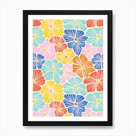 Into The Garden - Flower Mosaic Pink Orange Yellow Red Blue Aqua Textured Hand Drawn Art Print