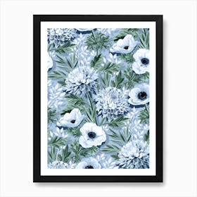 Chrysanthemums And Anemones In Blue And Green Poster