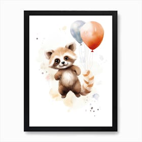 Baby Panda Flying With Ballons, Watercolour Nursery Art 1 Art Print