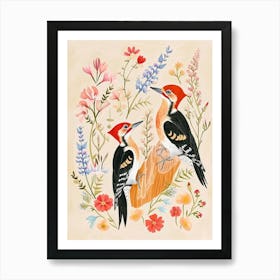 Folksy Floral Animal Drawing Woodpecker 2 Art Print