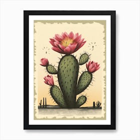 Cactus In The Desert With Pink Flower Vintage Illustration Stamp Art Print