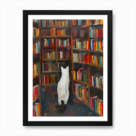 White Cat In The Library - Looking For Another Book Art Print