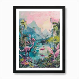 Dinosaur With The Flamingos Painting 2 Art Print