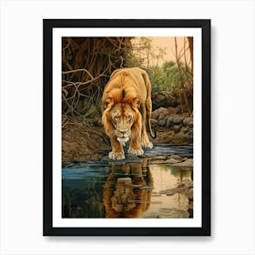 African Lion Drinking From A Stream Realistic 4 Art Print
