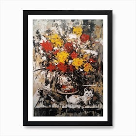 Chrysanthemums With A Cat 2 Abstract Expressionism  Art Print