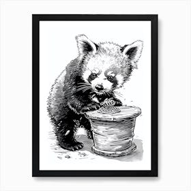 Red Panda Cub Playing With A Beehive Ink Illustration 4 Art Print