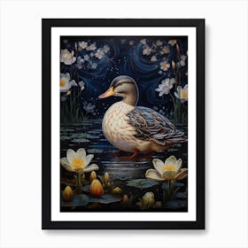 Floral Ornamental Ducklings At Night 5 Art Print
