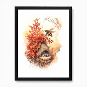 Red Tailed Bumble Bee Beehive Watercolour Illustration 4 Art Print