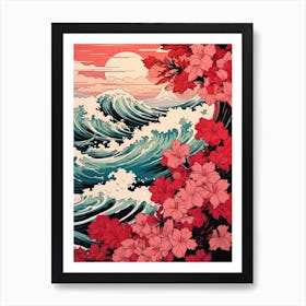 Great Wave With Bougainvillea Flower Drawing In The Style Of Ukiyo E 3 Art Print