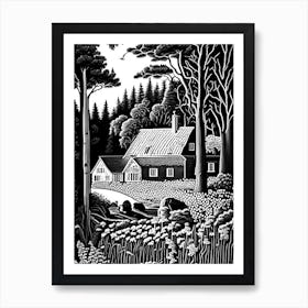 Rosendals Trädgård, Sweden Linocut Black And White Vintage Art Print