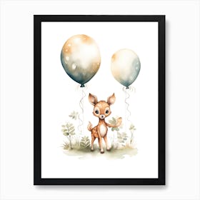 Baby Deer Flying With Ballons, Watercolour Nursery Art 4 Art Print