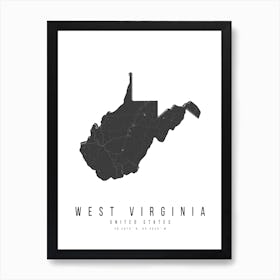 West Virginia Mono Black And White Modern Minimal Street Map Art Print
