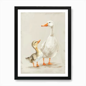 Mom Duck with her Baby. Nursery Vintage Watercolor Illustration, Kids Room Art Print