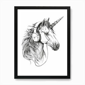 A Unicorn Listening To Music With Headphones Black & White 2 Art Print