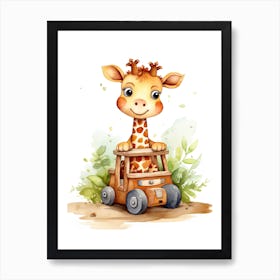 Baby Giraffe On Toy Car, Watercolour Nursery 1 Art Print