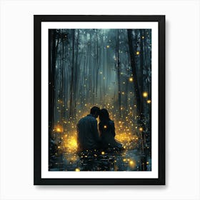 Fireflies In The Forest, Romantic Monochrome Charcoal style Poster