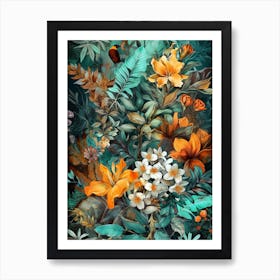 Tropical Flowers And Butterflies flora nature flowers Art Print