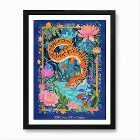 Lunar Year Of The Dragon 2024 Blue Dragon With Floral Frame Art Print