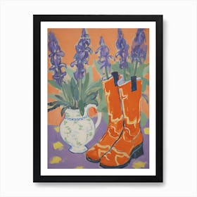 Painting Of Snapdragon Flowers And Cowboy Boots, Oil Style 1 Art Print