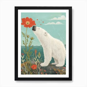 Polar Bear Sniffing A Flower Storybook Illustration 3 Art Print
