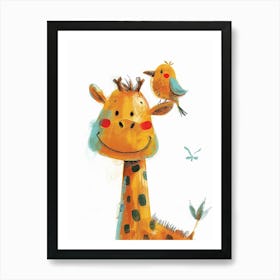 Small Joyful Giraffe With A Bird On Its Head 2 Art Print