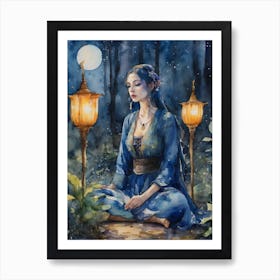 Elven Lady ~ Blue Lotus Yoga Meditating Sacred Space Witch Pagan Watercolor Painting Full Moon Art Print