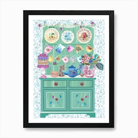 Grandmas's Kitchen Dresser With Cake And Flowers Art Print