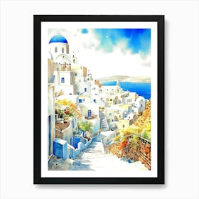 Santorini Watercolor Painting Art Print