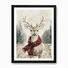 Christmas Reindeer With Red Scarf Art Print