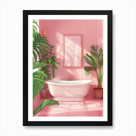 Pink Bathroom With Plants Art Print