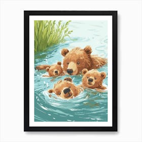 Brown Bear Family Swimming In A River Storybook Illustration 3 Art Print