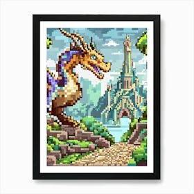 A Fantasy Pixel Art Scene With A Dragon Art Print