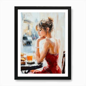 A Girl In A Red Dress Is Sitting In A Cafe 1 Art Print