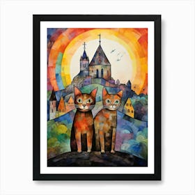 Patchwork Cats On A Hill In Front Of A Medieval Village Art Print