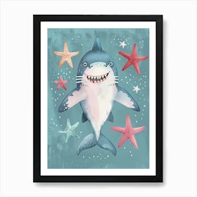 Blue Storybook Style Shark With Starfish 2 Art Print