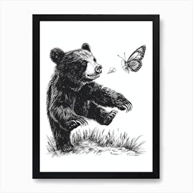 Malayan Sun Bear Cub Chasing After A Butterfly Ink Illustration 4 Art Print