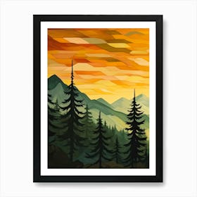 Green Sun Forest Mountain Painting Triptych 1 Art Print