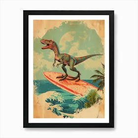 Vintage Deinonychus Dinosaur On A Surf Board   1 Art Print