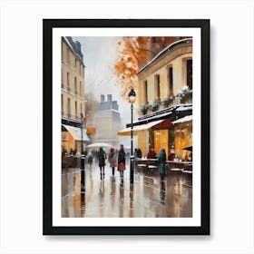 Paris cafes, winter season, Christmas, autumn oil colors, pale colors, pedestrians in the street, winter clothes, falling snow.Christmas decorations.2 Art Print