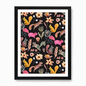 Woodland Squirrels Black Poster