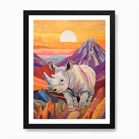 Patchwork Rhino In The Sunset 2 Art Print