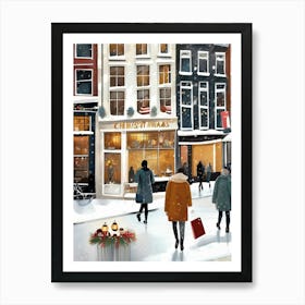 Amsterdam cafes, winter season, Christmas, autumn oil colors, pale colors, pedestrians in the street, winter clothes, falling snow.8 2 Art Print