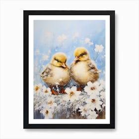 Snowy Winter Ducklings Floral Painting 2 Art Print