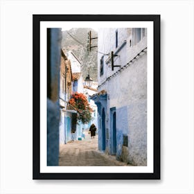 Man Walking  in the blue floral street| Chefchaouen | Morocco Art Print