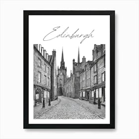 Edinburgh Streets, Black And White Illustration Art Print