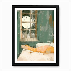 Muted Pastel Mustard Teal Dinosaur In Bed Art Print